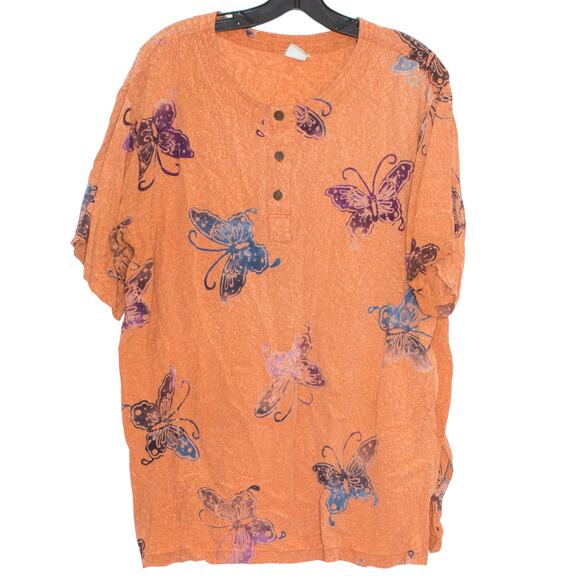 Peaceful People Womens Top Butterfly Y2K Short Sleeve Orange Size Medium EC - Picture 4 of 4